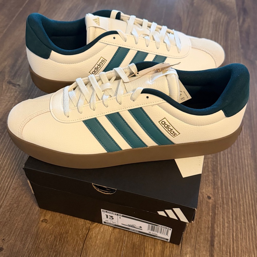 Adidas VL Court 3.0 White Teal Gum Leather Skateboard Shoes Mens 13 JR8635